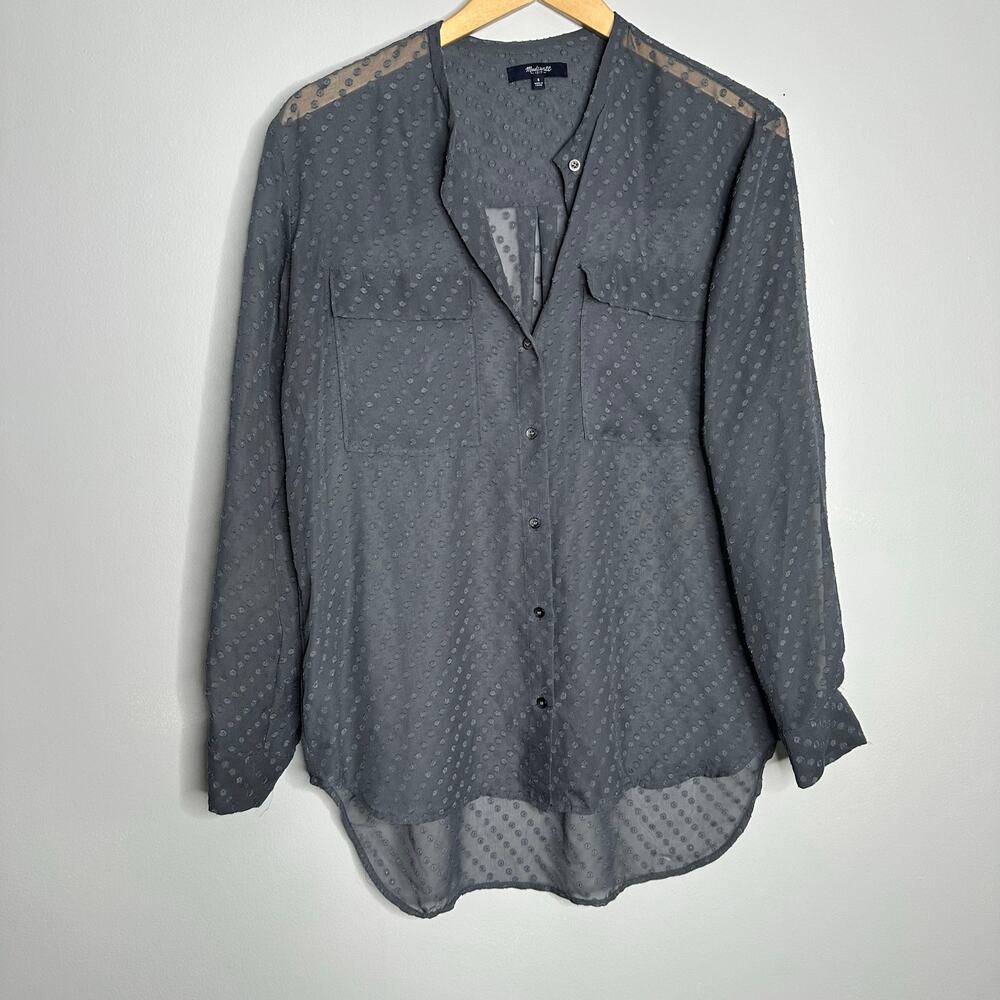 Madewell Swiss Dot Blouse Womens Small Gray EUC Sheer High-Low Button Up B6940